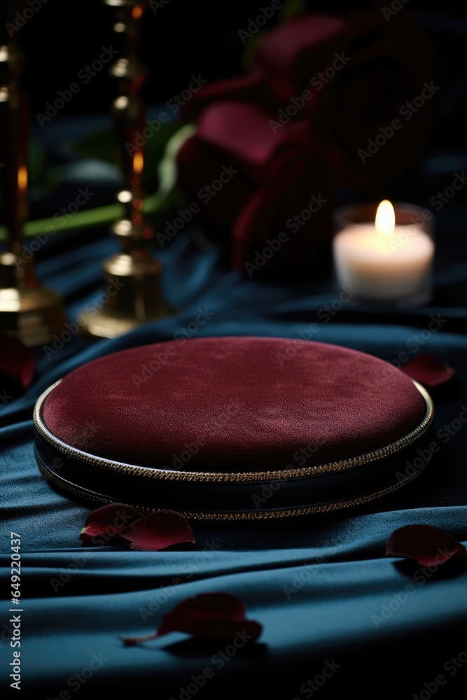 A velvet jewellery pad lying on the surface of a black table.