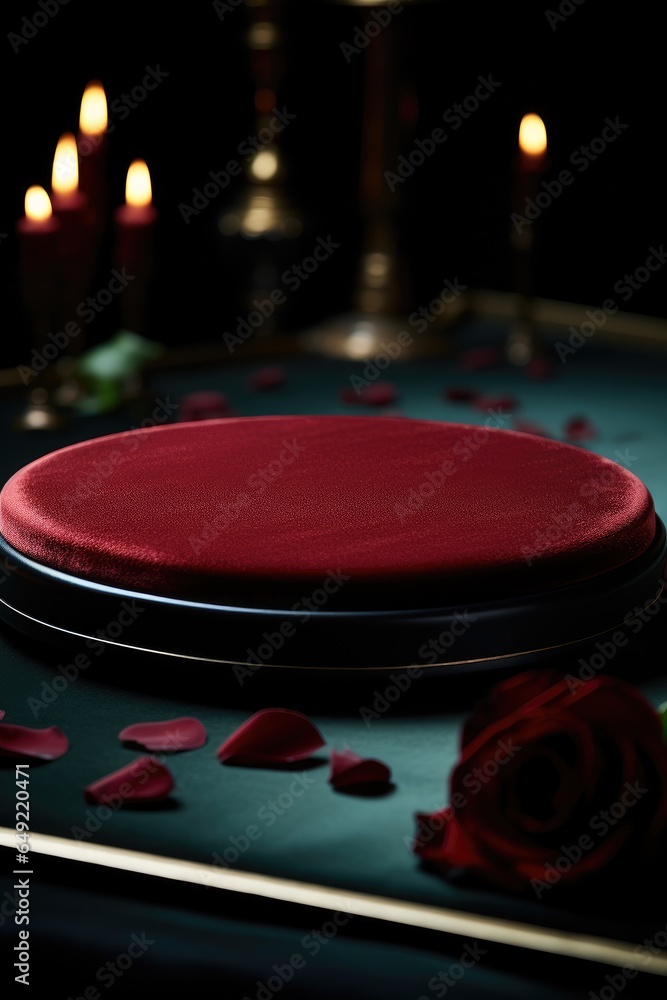 A velvet jewellery pad lying on the surface of a black table.