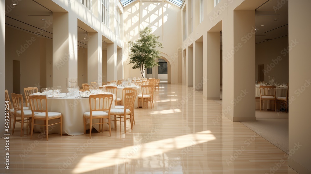 Interior of a banquet hall in hotel or in a luxury restaurant with round tables and chairs.