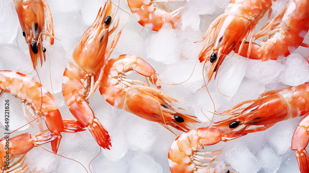 Top view of raw whole shrimps on ice. Seafood background. Generative AI