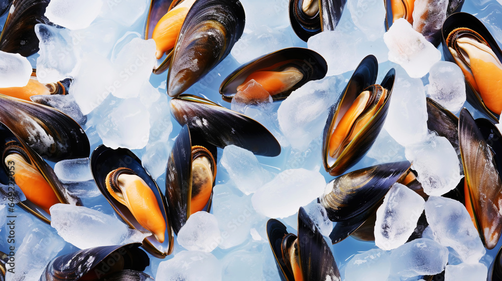 Raw Mussels on ice in the restaurant . Fresh seafood shellfish background. Generative AI