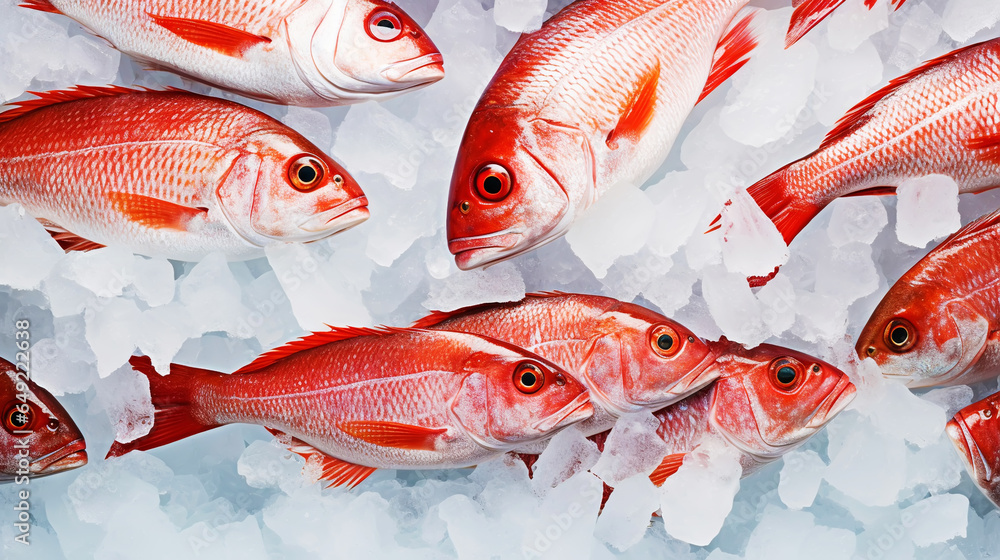 Red snapper fish catch in ice cubes. Seafood background. Generative AI