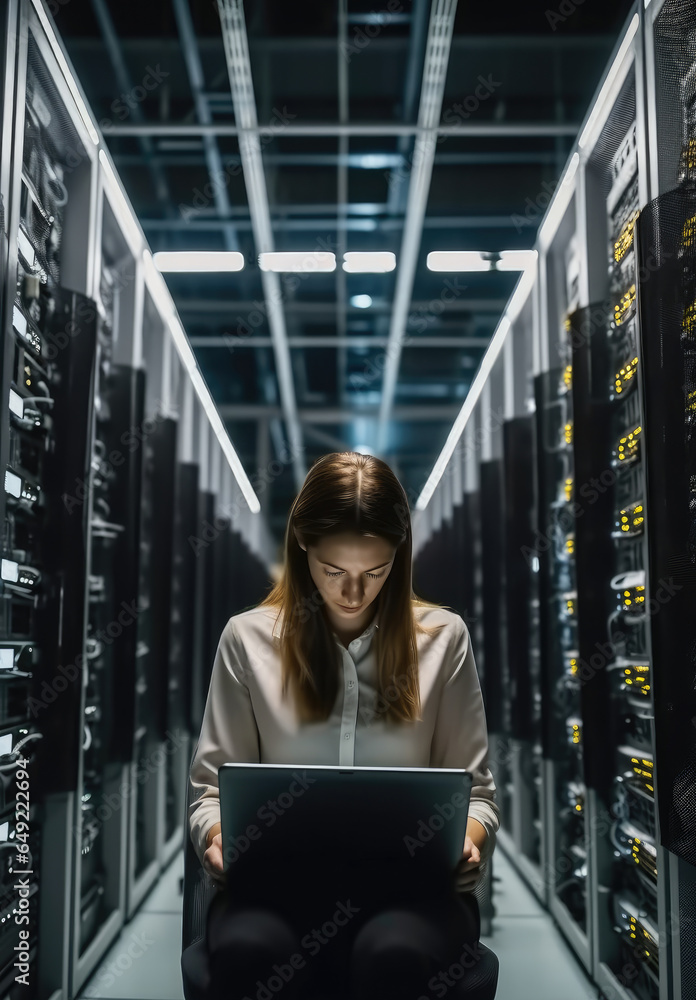 Business woman using a laptop working in Supercomputer Electricity Backup Room.