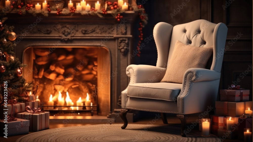 Christmas Home Decor, Cozy chair by a warm fireplace, Christmas holidays.