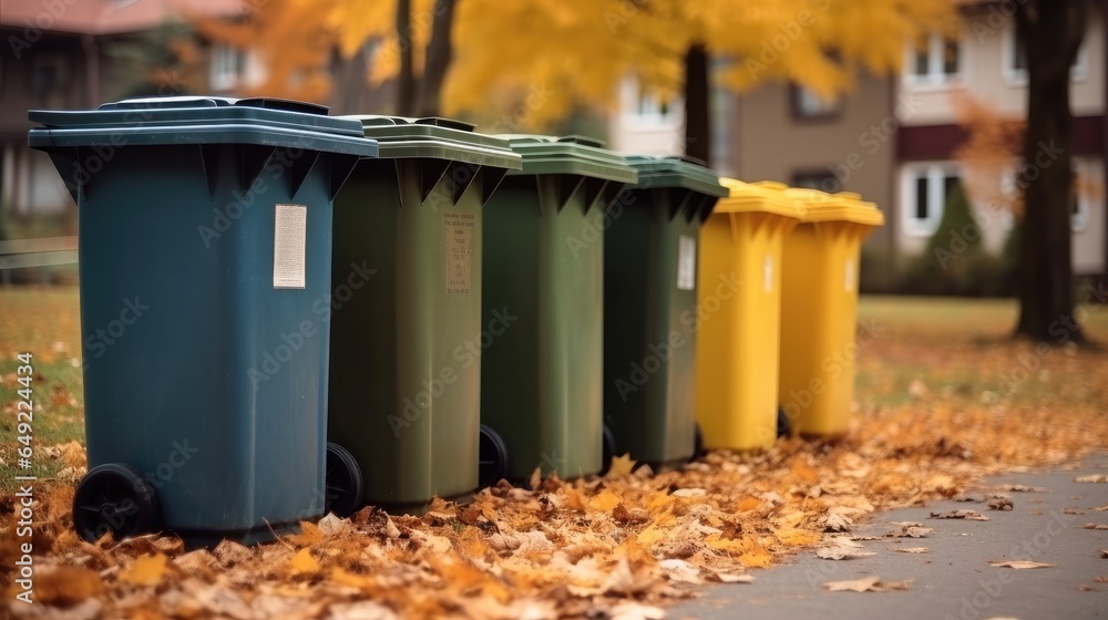 Recycling bins in park, Public recycling bins.