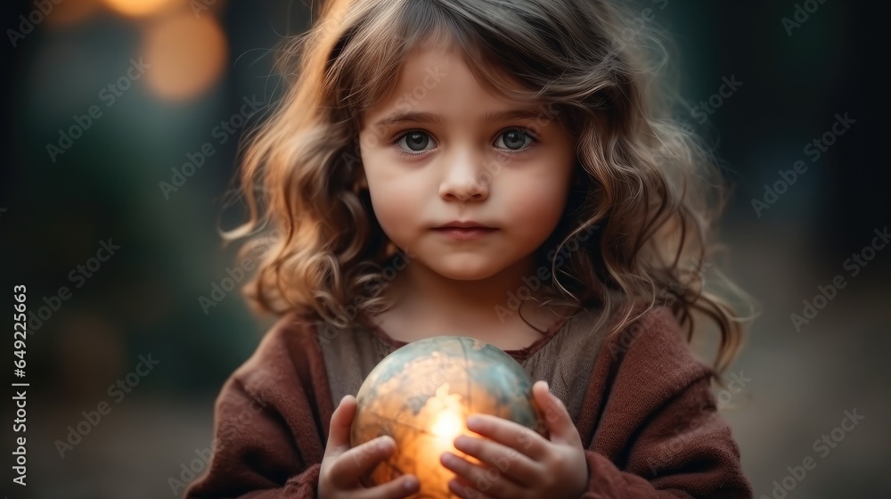 Cute girl holding a globe in her hand, Environment, Earth Day, New generation future concept.