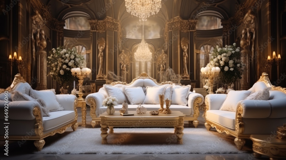 Living room very luxury style, Color white and gold.