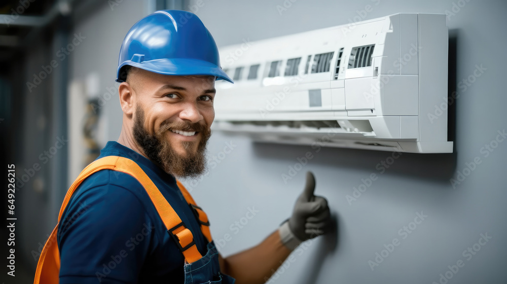 Male Electrician Gesturing Thumbs Up, Air conditioner repairmen work on home unit.