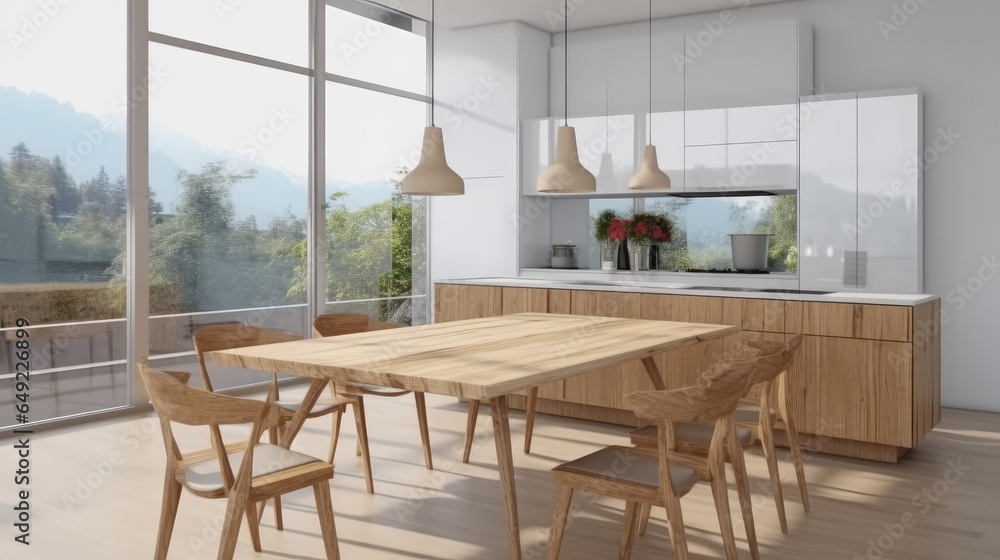 Modern kitchen interior with dining table and seats.