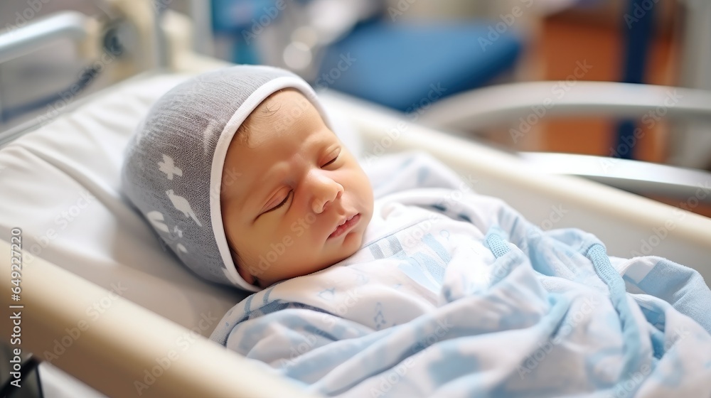 Newborn baby sleeping in crib in hospital.