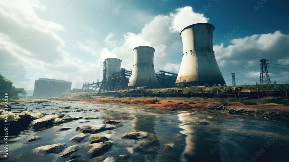 Nuclear power station with steaming cooling towers.