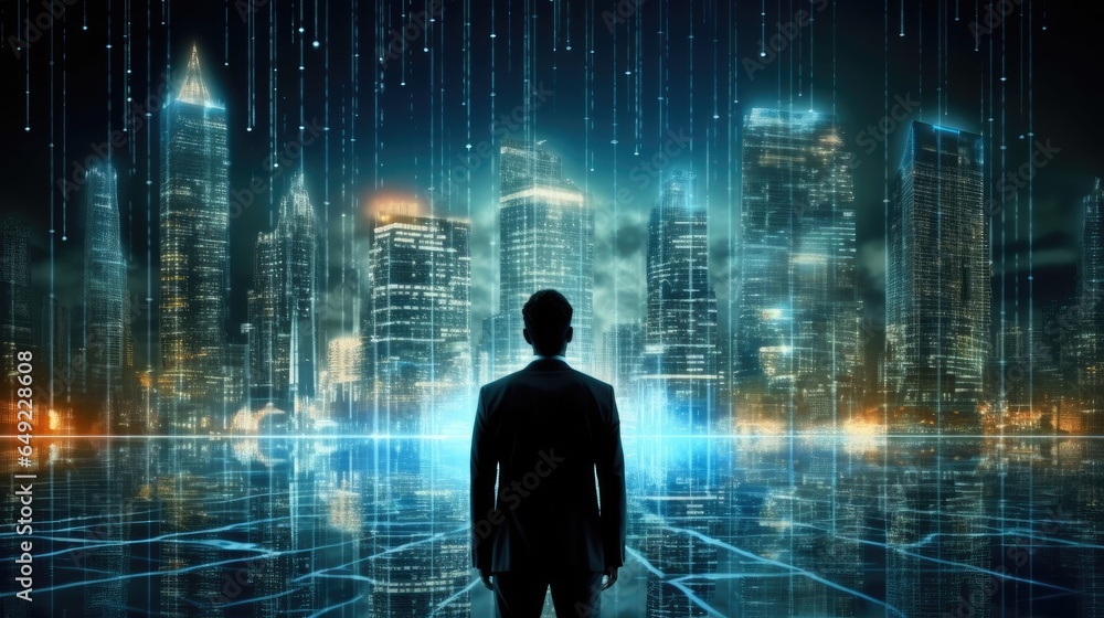 Businessman standing in cyberspace, Technology, big data and blockchain concept.