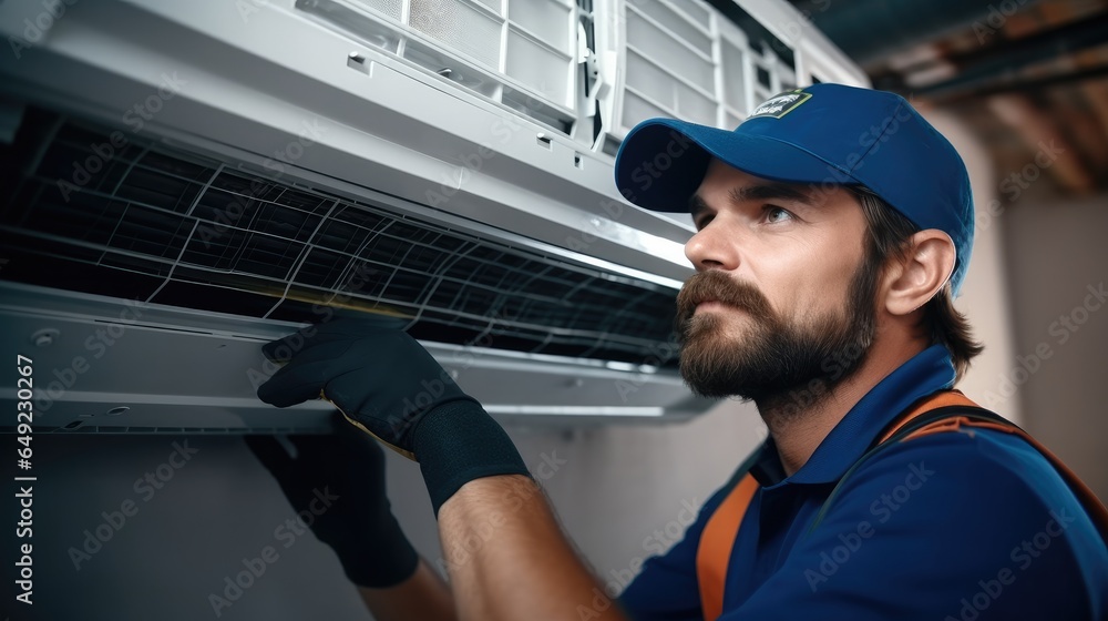 A hired worker repairman cleans and repairs the air conditioner.