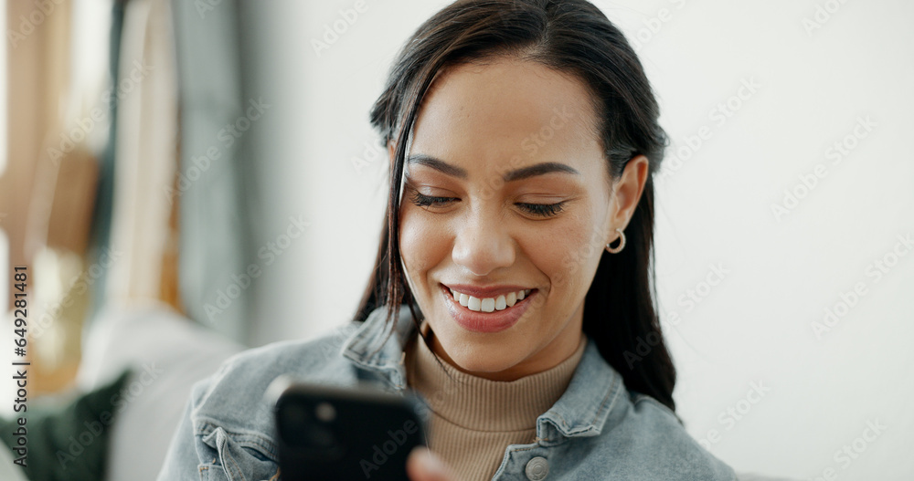 Woman, smile and typing on smartphone in home, reading social media joke and chat notification of multimedia connection. Cellphone, laugh and search funny meme, download digital app and mobile games