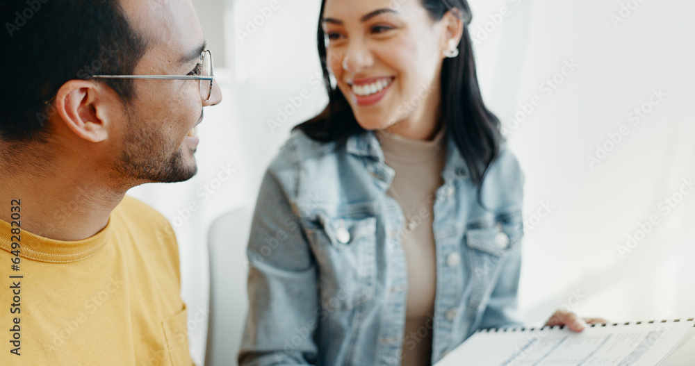 Payment, finance and couple with documents for budget, online banking and savings for insurance. Fintech, planning and happy man and woman with bills on computer for mortgage, taxes and investment