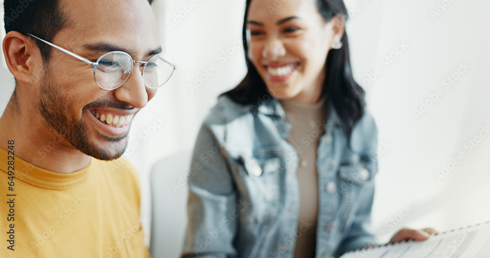 Payment, finance and couple with documents for budget, online banking and savings for insurance. Fintech, planning and happy man and woman with bills on computer for mortgage, taxes and investment