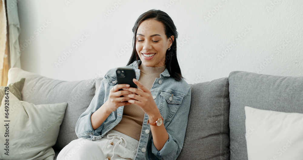 Woman, relax and typing on smartphone on sofa, reading social media post or mobile chat at home. Cellphone, app and download digital games, scroll connection or multimedia notification in living room