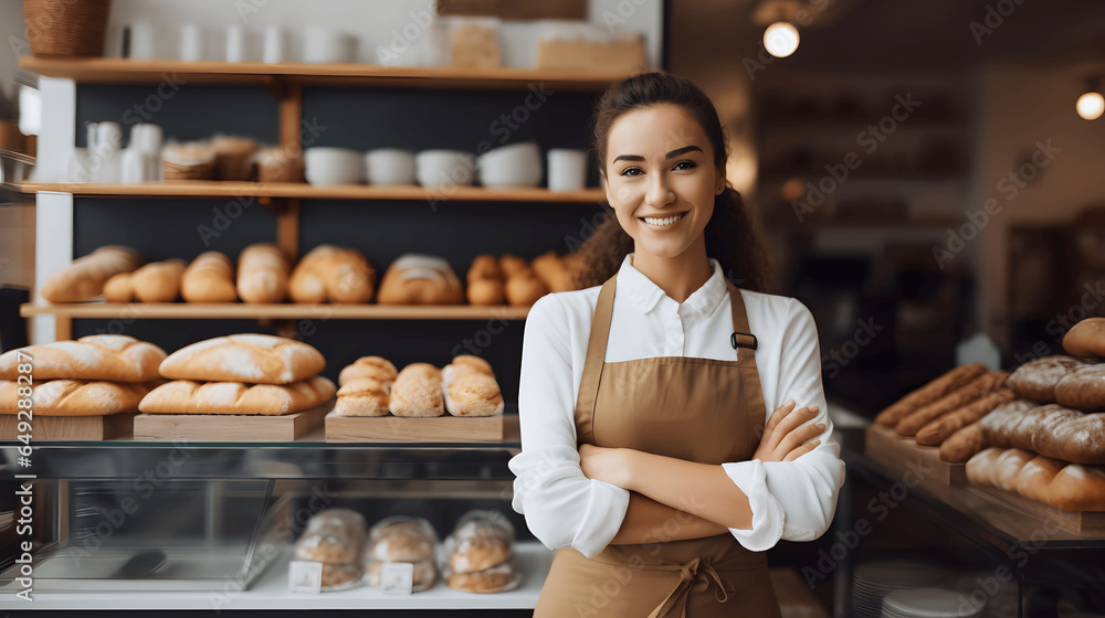 Portrait of happy female employee in apron standing in front of her own Bakery shop, smiling pretty baker standing confident with arms crossed in front of store