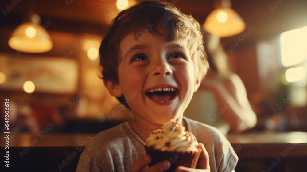 Happy smiling boy kid eats a cupcake inside a rustic restaurant