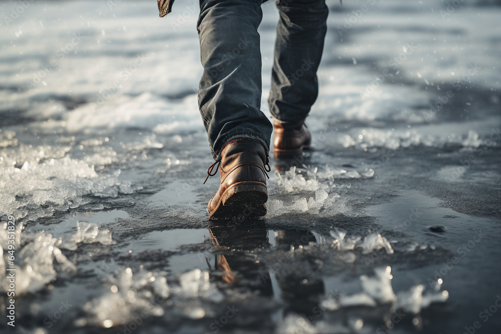 Close up generative AI photography of male legs walking cold snowy winter weather in comfort warm shoes