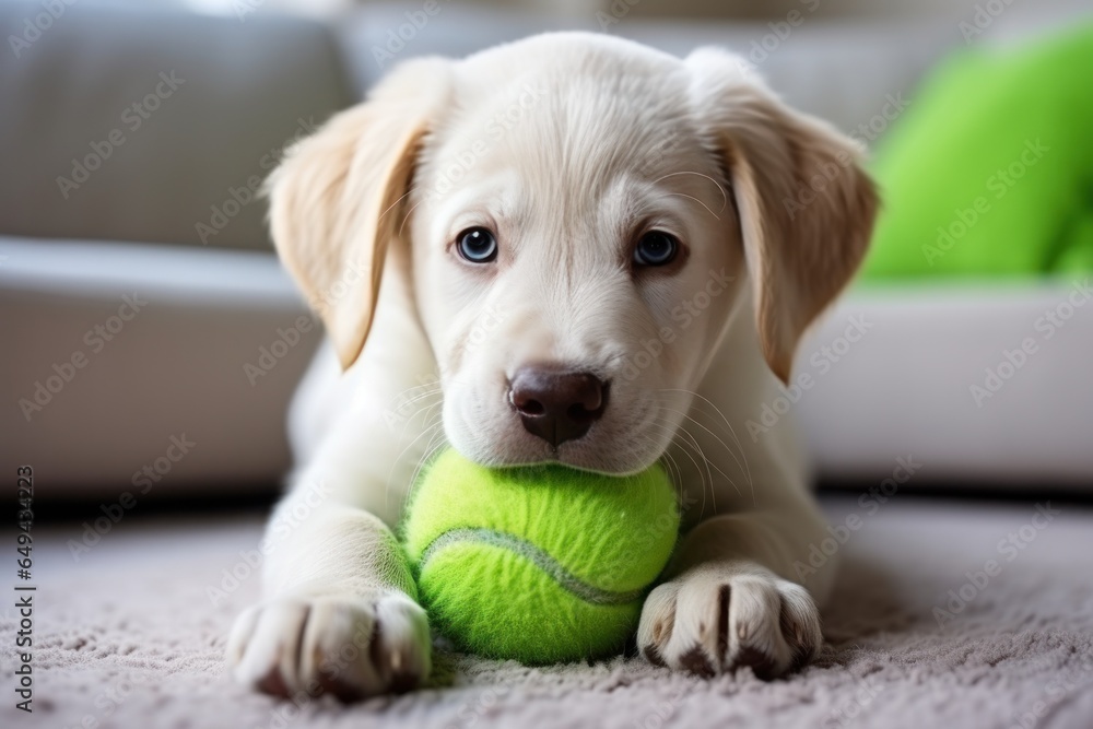 Dog taking off his leash and playing with green ball