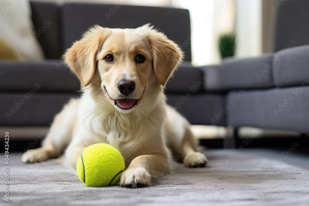 Dog taking off his leash and playing with green ball