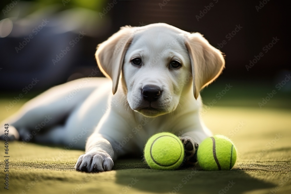 Dog taking off his leash and playing with green ball