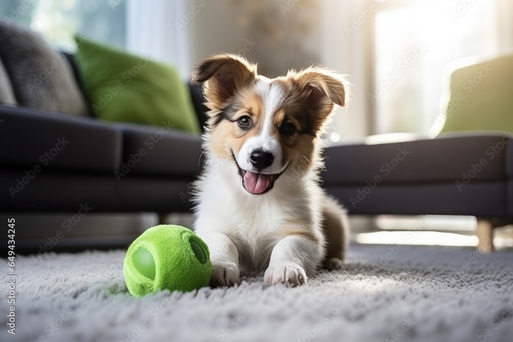 Dog taking off his leash and playing with green ball