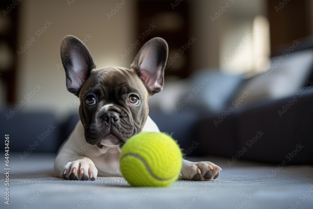 Dog taking off his leash and playing with green ball