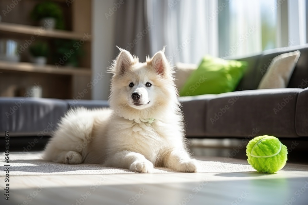 Dog taking off his leash and playing with green ball