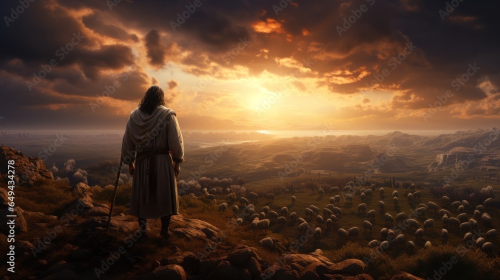 Jesus shepherding the sheep in evening sky