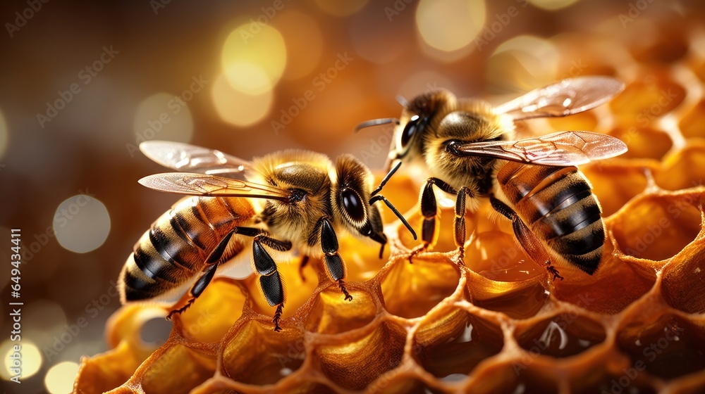 Bees occupying honeycombs in the early morning