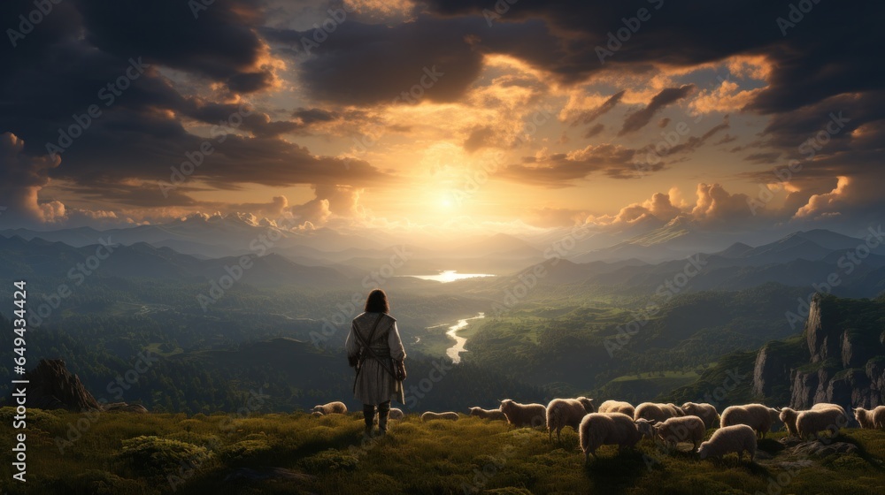 Jesus shepherding the sheep in evening sky