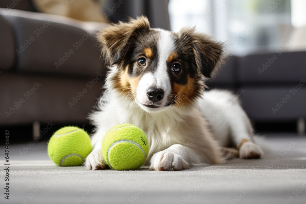 Dog taking off his leash and playing with green ball