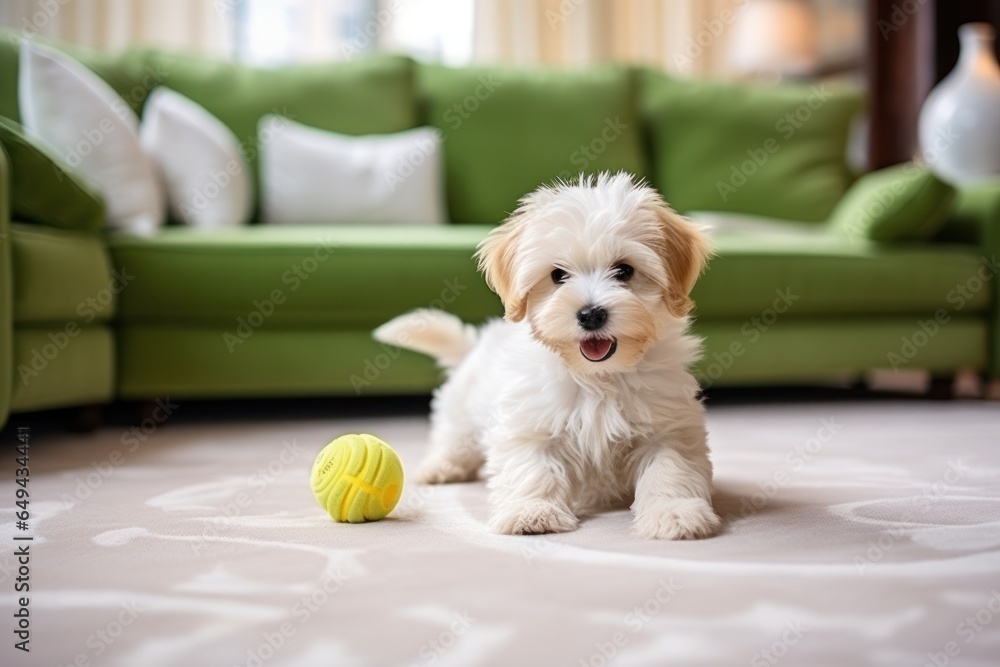 Dog taking off his leash and playing with green ball