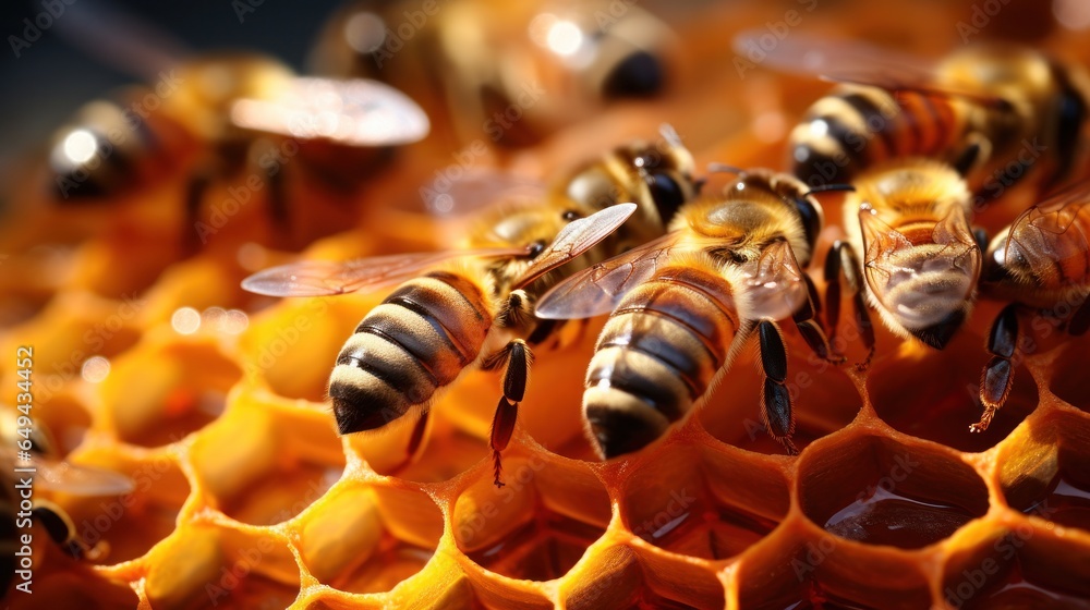 Bees occupying honeycombs in the early morning