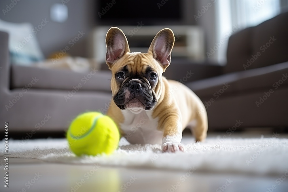 Dog taking off his leash and playing with green ball