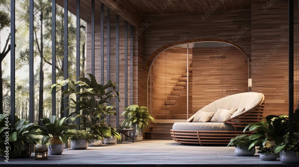 cozy comfy industrial wooden furniture interior design of a house with open air are close to nature concept, Generative Ai