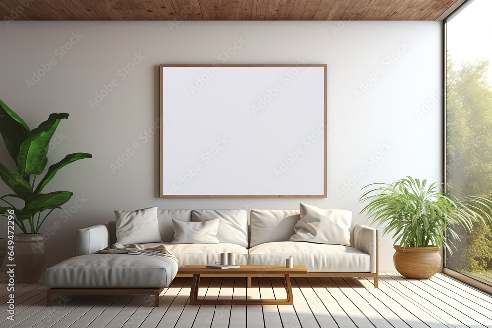 blank picture frame on white wall in colorless interior room, backdrop, Generative Ai	 