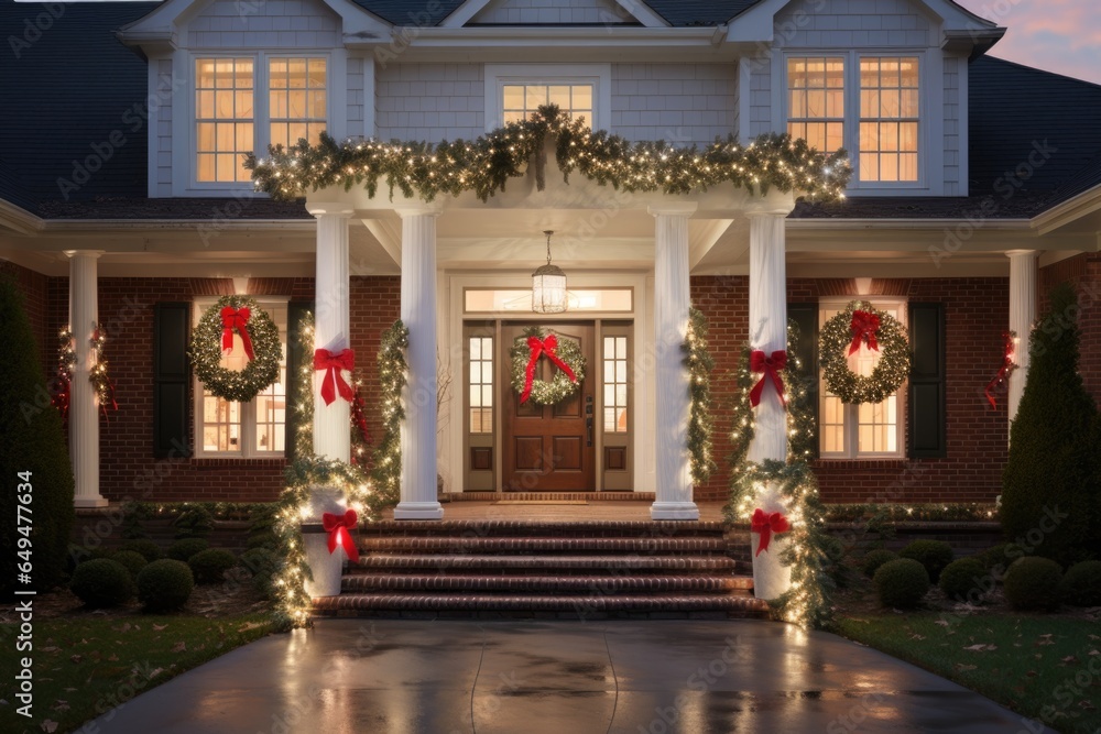 Exterior of a suburban house in the USA decorated for christmas and the new year holidays