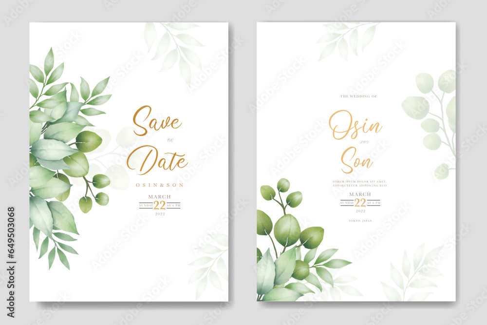 Green Leaves Watercolor Wedding Invitation Card Template  