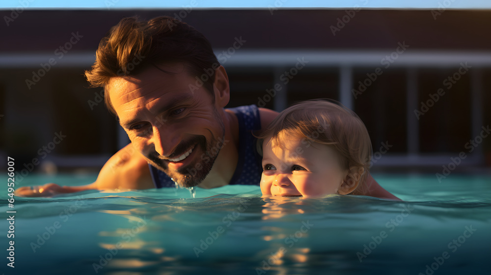 Father with teaching little girl to swim in the pool, happy dad with baby daughter having fun on summer vacation splashing in outdoor swimming pool