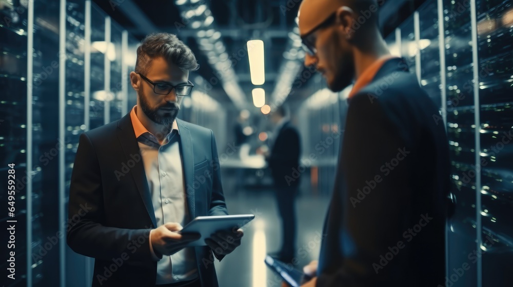 Two specialist holding laptop are checking and talking at a data center.