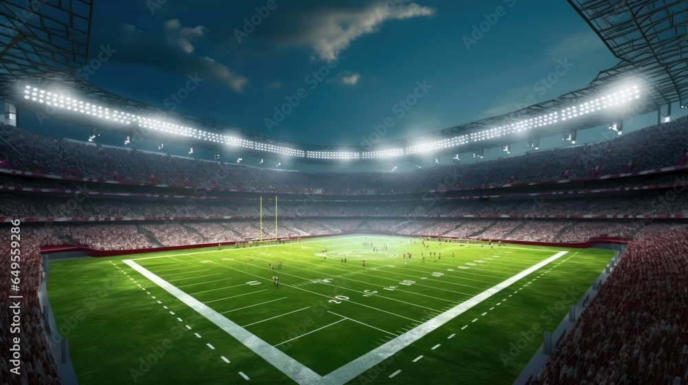 American football stadium with green grass field.