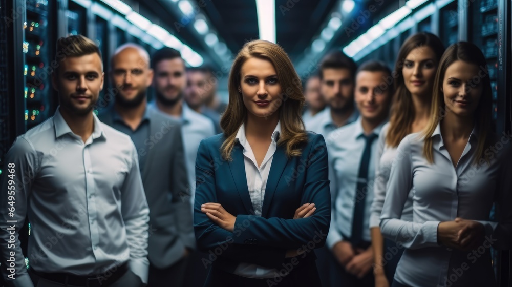 Group of people who work for technology standing in data center room with server equipment in the background.