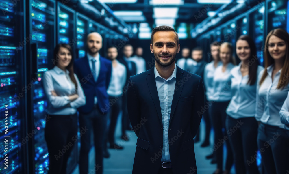 Group of people who work for technology standing in data center room with server equipment in the background.