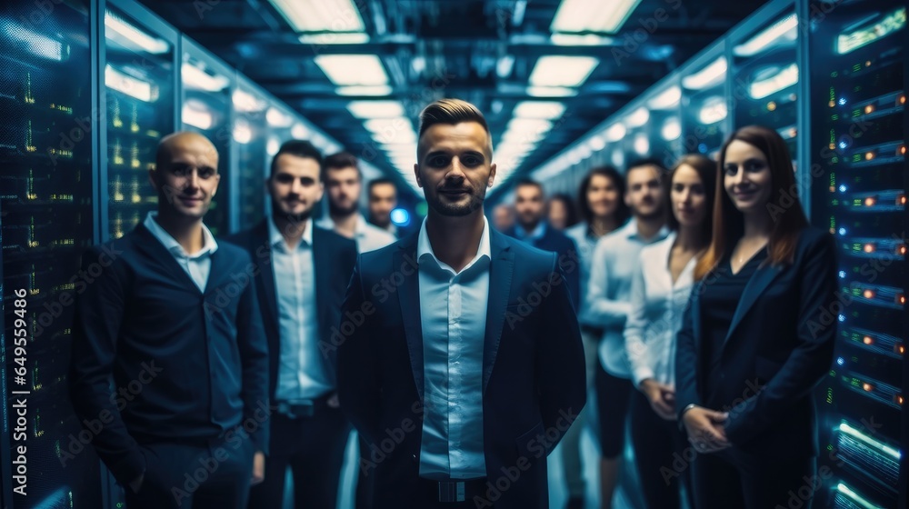 Group of people who work for technology standing in data center room with server equipment in the background.