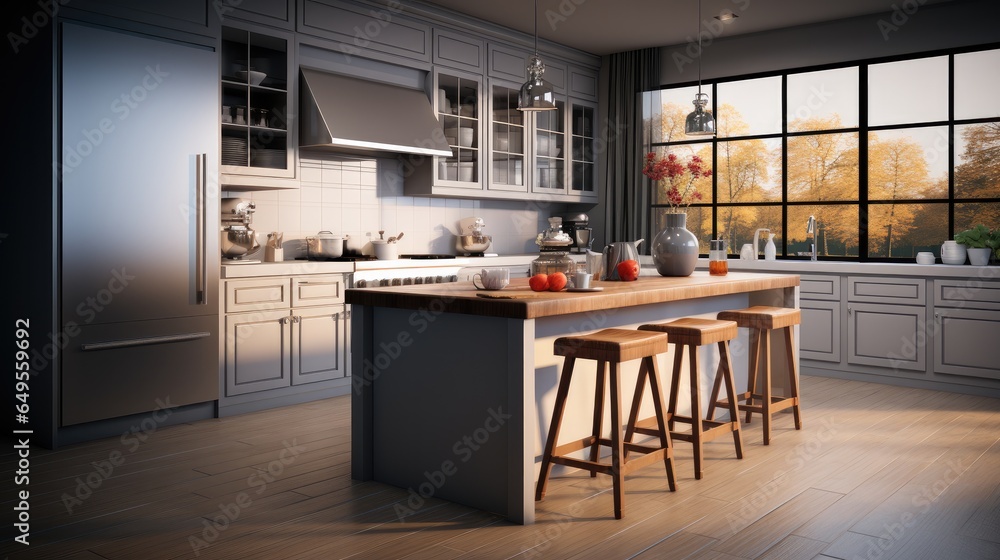 Modern kitchen with white cabinets and stainless steel appliances at home.