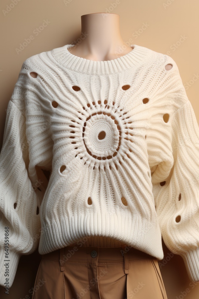 A white sweater with a sun line pattern on top of the sweater, star pattern, line pattern.