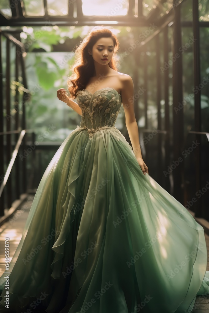 Beautiful woman in a green wedding dress, Wedding dress, Wedding.